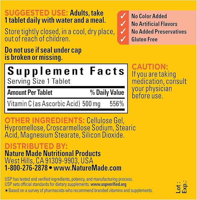 Nature Made Vitamin C 500 mg Tablets, Dietary Supplement, Vitamin C for Immune Support, 100 Tablets, 100 Day Supply