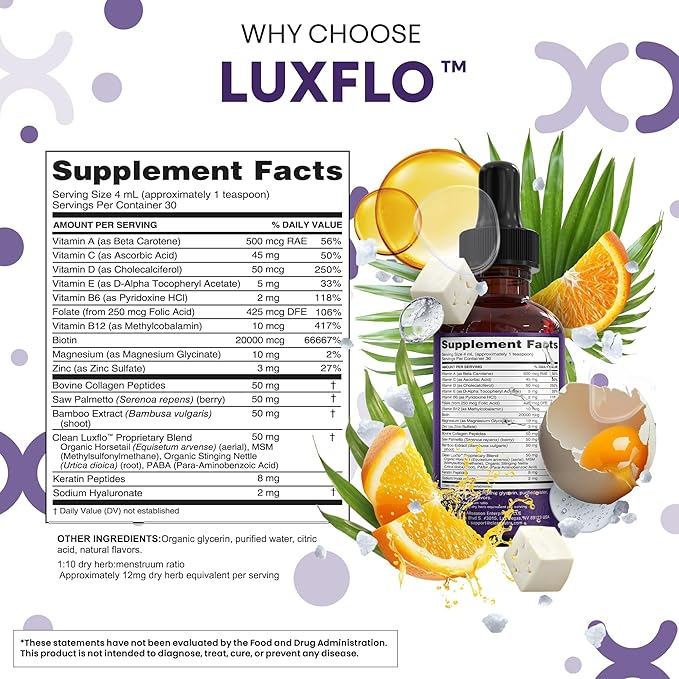 Liquid Biotin & Collagen Keratin Hyaluronic Acid Saw Palmetto Drops Vitamins for Hair Growth Support Silica Vitamin A C D Bamboo Turmeric Zinc Folate Magnesium Horsetail LuxFlo By Clean Nutra