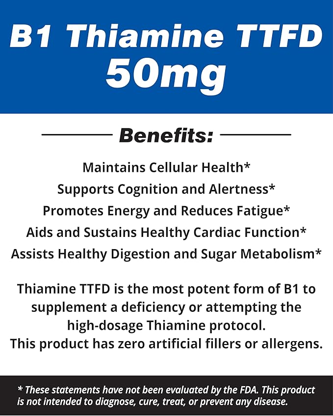 Vitamine B1 Thiamine TTFD, Thiamine Tetrahydrofurfuryl Disulfide, 50mg-250Capsules,Vegan,Non GMO,No Artificial fillers or Stearate additives.