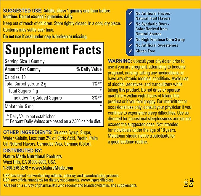 Nature Made Melatonin 5mg Adult Melatonin Gummies, 100% Drug Free Sleep Aid, 70 Gummies, Extra Strength Nature Made Melatonin