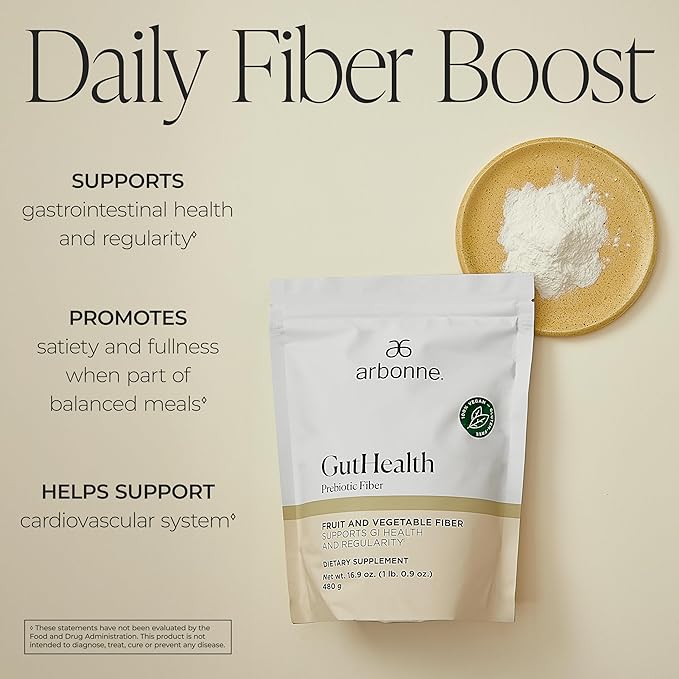GutHealth Prebiotic Fiber – 12g Soluble Fiber including Inulin for gastrointestinal health, Regularity, Satiety, and Daily Gut Wellness; Easy to Mix Into Drinks or Food, 30 servings, by Arbonne.