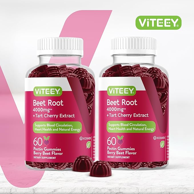 Viteey Beet Root Gummies 4000mg [from 80mg of 50:1 Extract] with Tart Cherry - for Healthy Blood Pressure Support - Vegan, Gelatin Free, Gluten Free-Tasty Chewable Berry Beet Flavored Gummy-120 Count