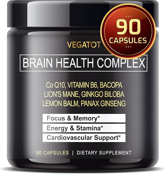 VEGATOT Brain Booster Brain Health Complex Supplement Concentrated with CoQ-10 VIT B6 Lion's Mane Ginkgo Biloba Lemon Balm Ginseng - Focus Memory Energy