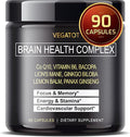 VEGATOT Brain Booster Brain Health Complex Supplement Concentrated with CoQ-10 VIT B6 Lion's Mane Ginkgo Biloba Lemon Balm Ginseng - Focus Memory Energy