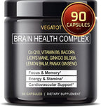 VEGATOT Brain Booster Brain Health Complex Supplement Concentrated with CoQ-10 VIT B6 Lion's Mane Ginkgo Biloba Lemon Balm Ginseng - Focus Memory Energy