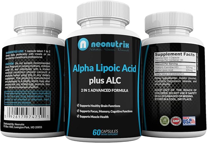 Alpha Lipoic Acid Plus Acetyl L-Carnitine Antioxidant Supplement ALA ALC for Healthy Brain Function & Muscle Strength, Focus, Memory & Cognitive Function for Women & Men - 60 Capsules by Neonutrix