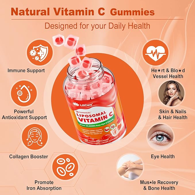 Natural Liposomal Vitamin C 1000mg Gummies for Adults Kids 9+, Chewable Vitamin C w/ 11mg Zinc, D3, Elderberry, Echinacea, Bioflavonoid,Immune Support, Whole Food VIT C from Fruits, Sugar Free, 2Pack