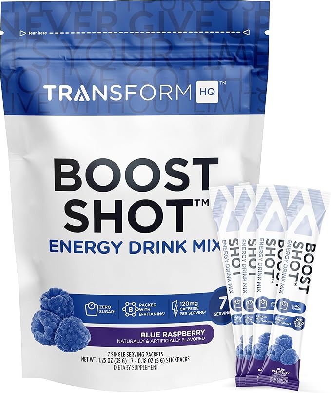 TransformHQ Boost Shot Powder Drink Stick Packets, Blue Raspberry, 7 Pack, Energy Supplements for Women & Men, with Caffeine, Vitamin B12, B9, B6 & B3