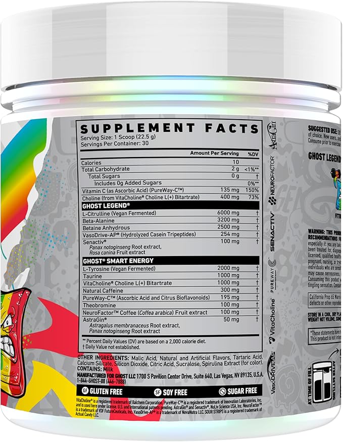 GHOST Legend Pre-Workout Powder, Sour Strips - 30 Servings – Pre-Workout for Men & Women with Choline, L-Citrulline, & Beta Alanine for Energy & Focus
