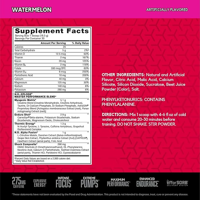 BSN N.O.-XPLODE Pre Workout Powder, Energy Supplement for Men and Women with Creatine and Beta-Alanine, Watermelon, 30 Servings, 1.2 Pound (Packaging May Vary)