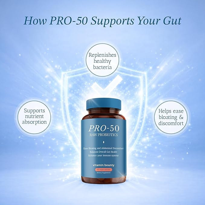 Vitamin Bounty Pro-50 - Probiotics for Women & Men - 50 Billion CFU - 13 Strains Probiotic + Prebiotic - Probiotics for Digestive Health - Delayed Release Capsules - 60 Count