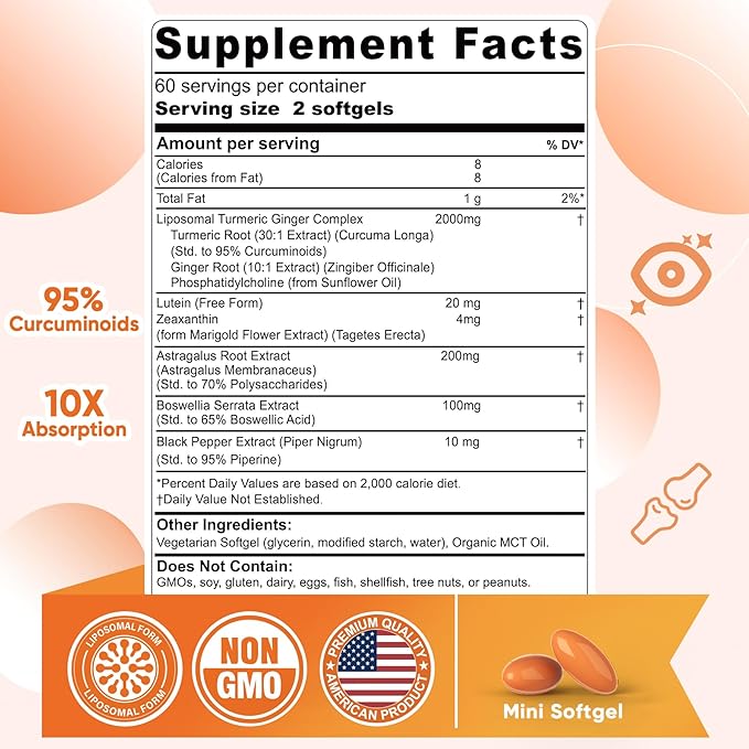 Liposomal Turmeric and Ginger Supplement Pills w/Lutein Zeaxanthin Softgels, Organic Turmeric Curcumin with Black Pepper 2000mg Gel Capsules, 95% Curcuminoids, Superior Absorption, Non-GMO, 120ct