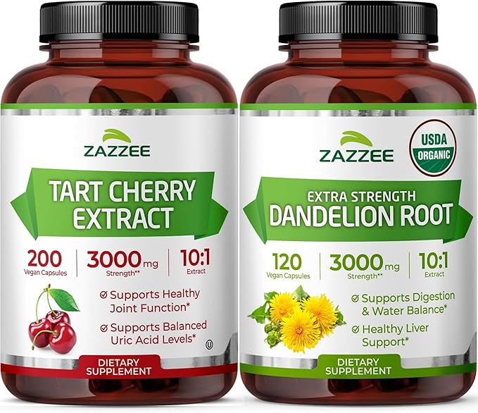 Zazzee Herbal Uric Acid Cleanse Bundle | USDA Organic Dandelion Root Extract Capsules Plus Super Concentrated 10:1 Tart Cherry Extract Capsules | Non-GMO Vegan & ISO Lab Tested