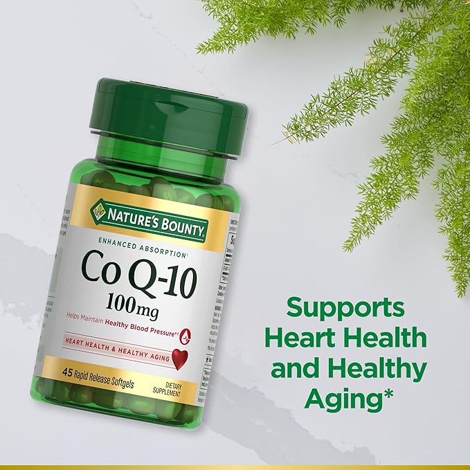 Nature's Bounty CoQ10 100mg for Heart Health Support, Non-GMO Q-Sorb Coenzyme Q-10 Antioxidant Support and Cardiovascular Wellness, Dietary Supplement, Rapid Release Softgels, 45 ct