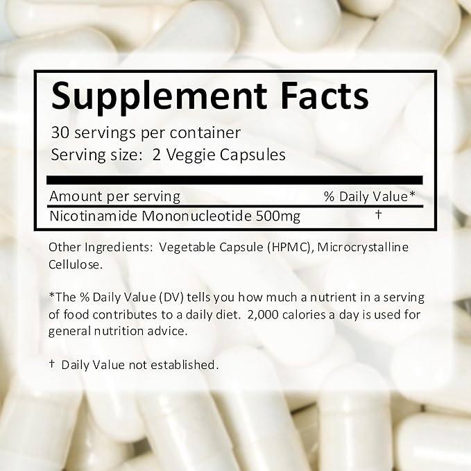 NMN Supplement 500mg per Serving, Nicotinamide Mononucleotide Helps Support Aging, Wellness, and NAD Levels, High Potency, 60 Vegetarian Capsules, 30 Servings