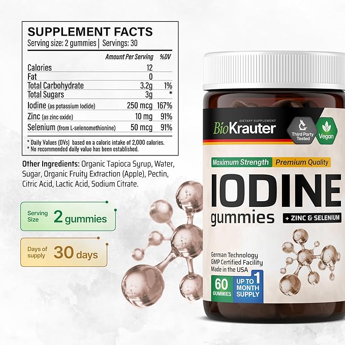 BIO KRAUTER® Iodine with Zinc and Selenium for Thyroid Support - Vegan Potassium Iodide for Antioxidant & Immune Support - Selenium Supplements for Women - 60 Gummies, Non-GMO, Apple Flavor