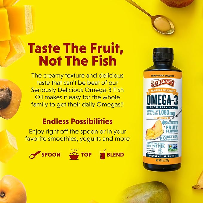 Barlean's Omega 3 Fish Oil Liquid Supplement with Vitamin D for Men and Women, 1080mg of EPA and DHA Fatty Acid, Promotes Brain & Heart Health - Non-GMO, Mango Peach, 8 oz