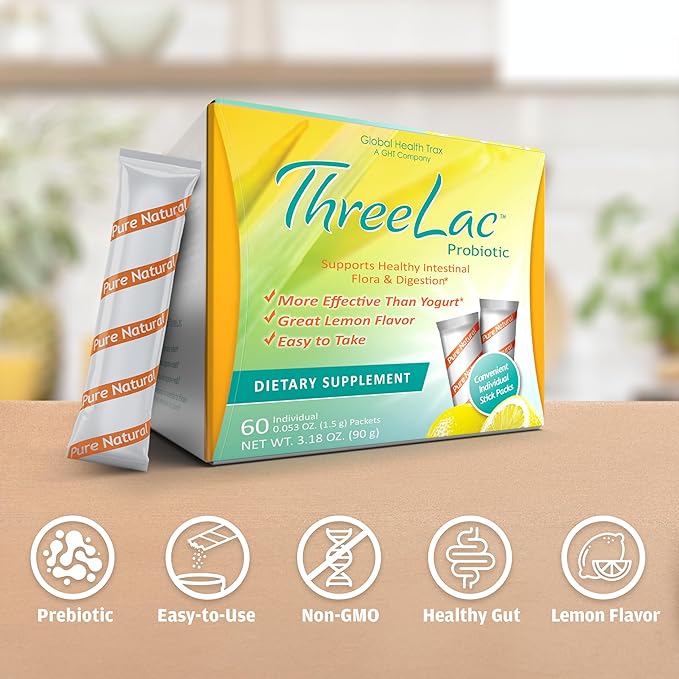 GHT - ThreeLac Lemon Probiotic Drink Mix for Digestive Health - Advanced Probiotic Powder Formula for Men, Women, and Kids - Immune Support & Gut Balance, Non-GMO - 240 Packets
