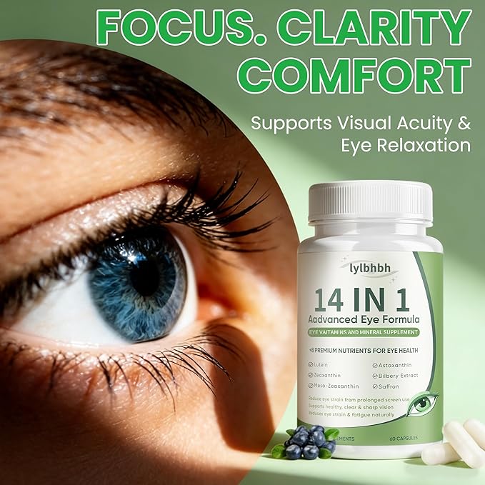 14 in 1 Advanced Eye Formula, Eye Supplement with Lutein, Zeaxanthin, Vision & Focus, Suitable for Adults and Seniors, 60 Capsules