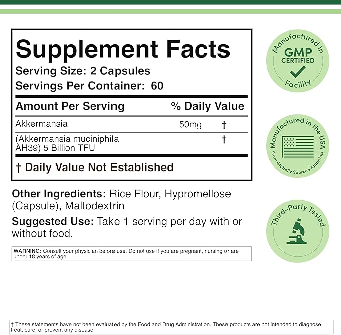 Akkermansia Probiotic and Postbiotic (Increases GLP-1 Production) 120 Capsules, 50mg per Serving (Third Party Tested to 5 Billion TFU per Serving, 50 Billion CFU per Gram) by Double Wood