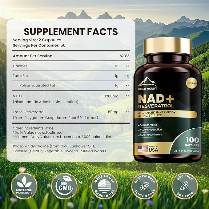 Liposomal NAD+ Supplement 1200mg with Trans Resveratrol - Boost NAD+ Levels, Energy & Anti-Aging Support - Vegan, 100 Capsules