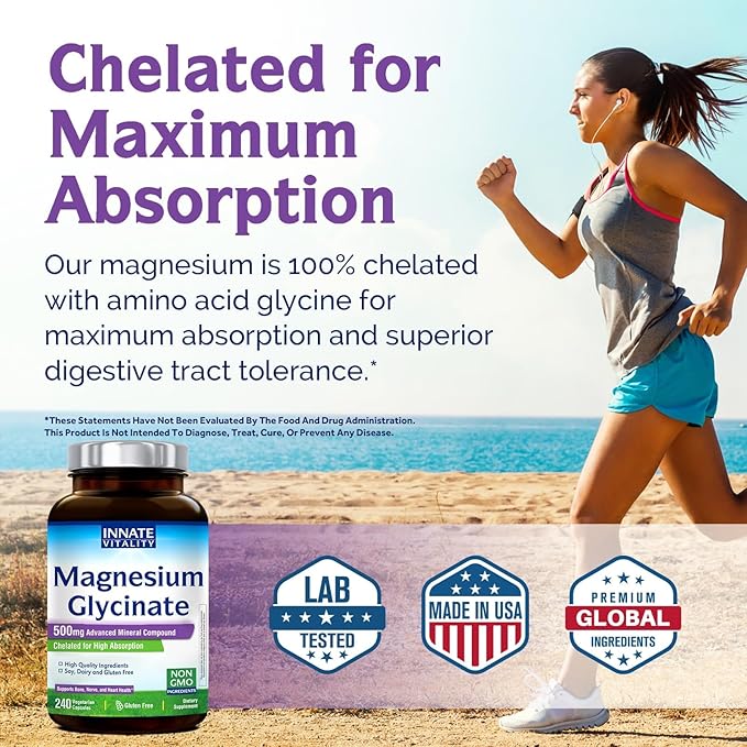 Innate Vitality Magnesium Glycinate 500mg | 70mg Elemental Magnesium Supplement - High Absorption, Non Buffered, Non-GMO & No Gluten - Vegan - Nerve Health - 240 Capsules (Pack of 1)