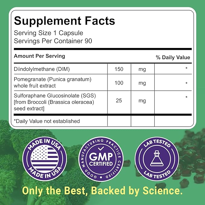 DIM SGS+ Supplement 150mg for Women & Men - Supports Healthy Hormone Levels, Estrogen, Metabolism, Detox - Pomegranate & Broccoli Seed, 90 Capsules (90 Day Supply)