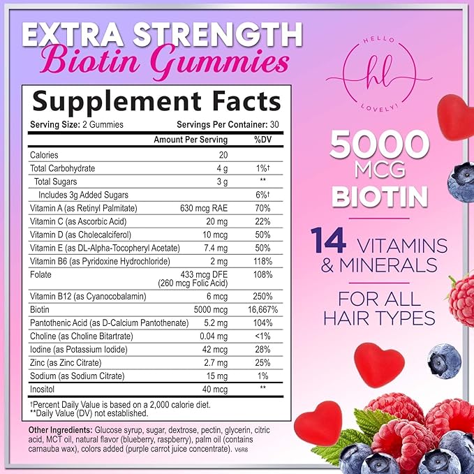 Hair Vitamins Gummies with Biotin 5000 mcg per Serving - Hair Growth Support with Vitamins E & C for Thicker, Stronger & Beautiful Hair - Hair Skin and Nails Vitamin, Gluten Free - 60 Gummies