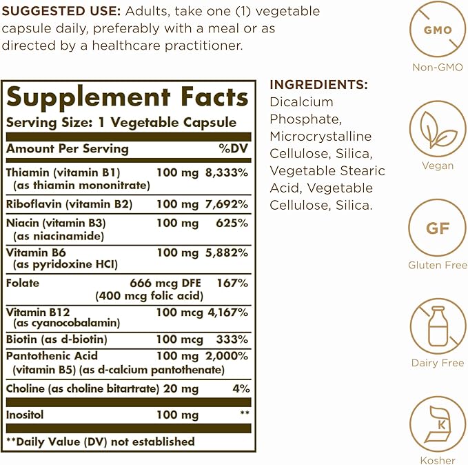Solgar B-Complex "100" - 100 Vegetable Capsules, Pack of 2 - Energy Metabolism, Cardiovascular Health, Nervous System Support - Non-GMO, Vegan, Gluten Free - 200 Total Servings