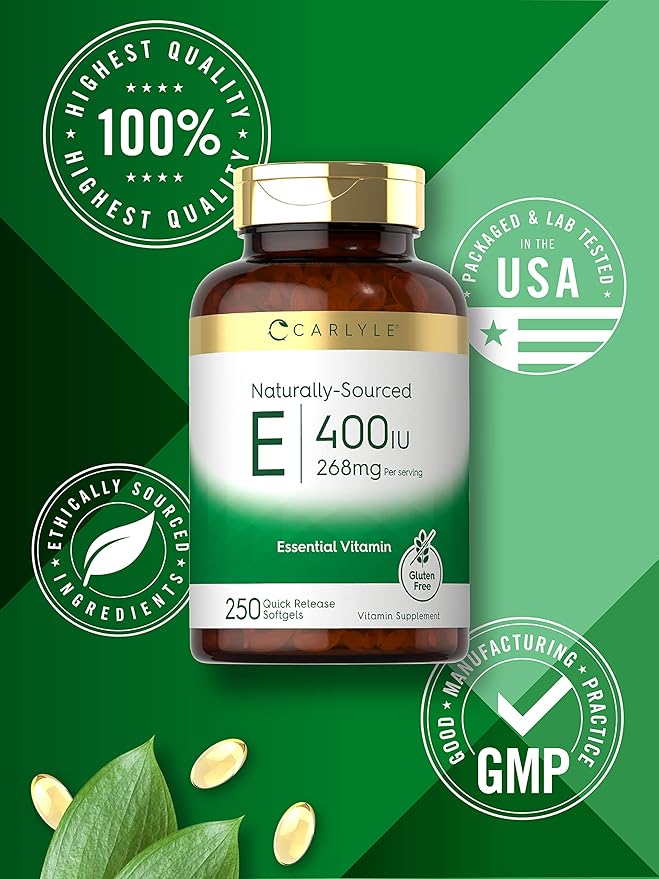 Carlyle Vitamin E 400 IU Softgels Capsules | 250 Count | Naturally Sourced Supplement for Men and Women | Non-GMO and Gluten Free