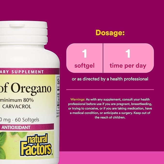 Natural Factors Oil of Oregano - Supports Healthy Immune System Function - Herbal Supplement with Olive Oil & Vitamin E - Non-GMO Antioxidant Support Supplement - 60 Softgels (60 Servings)