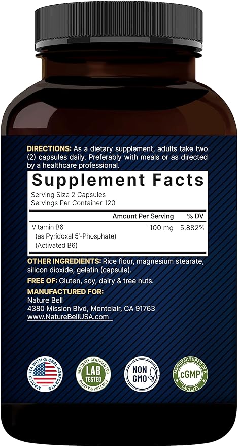 NatureBell P5P Vitamin B6 100mg Per Serving, 240 Capsules | Activated Pyridoxal 5 Phosphate Supplements – Essential B Vitamins for Brain & Memory Health – Non-GMO