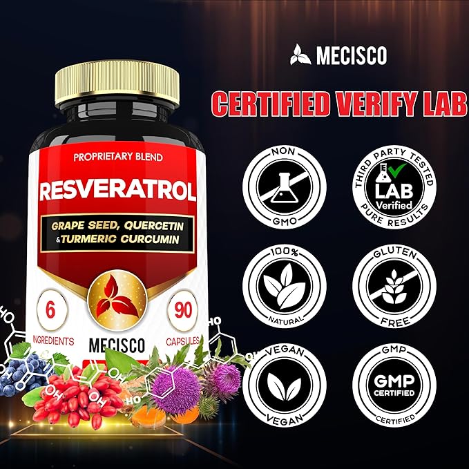 Trans Resveratrol Supplement with Grape Seed, Milk Thistle, and More - Resveratrol - 6 Herbal Supports for Immune System, Heart Health, Body Management - 90 Capsules