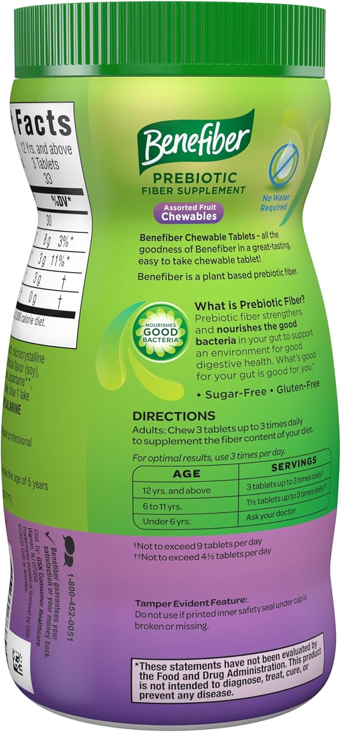 Benefiber Chewable Prebiotic GLP-1 Friendly Fiber Supplement Tablets for Digestive Health, Assorted Fruit Flavors - 100 Count