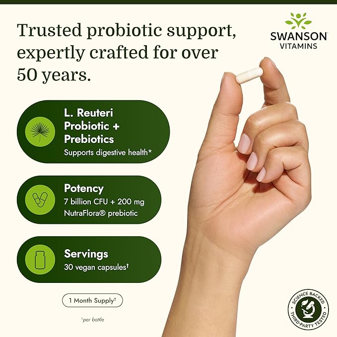 Swanson L. Reuteri Probiotic Plus with L. Rhamnosus, L. Acidophilus & FOS Prebiotic for Gut-Health-Conscious Adults - 7 Billion CFU (30 Vegan Capsules, 3 Pack)