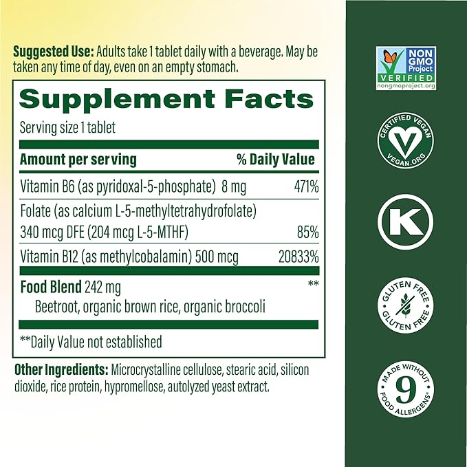 MegaFood Methyl B12 - Vegan - Includes Methyl Folate, Vitamin B12 & B6 - Supports Cellular Energy Production, Nervous System Health & Cardiovascular Function - 90 Tablets