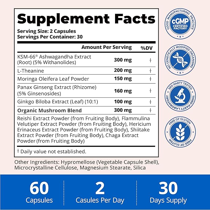 KSM-66 Ashwagandha Supplements | Ashwagandha Root Extract for Women & Men | 10-in-1 Adaptogen Complex for Cortisol Manager, Stress, Energy & Immune Support | 60 Vegan Capsules