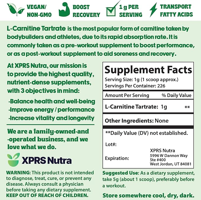 XPRS Nutra L Carnitine L Tartrate Powder - Premium Pure L Carnitine Tartrate - L-Carnitine - Vegan Friendly Bulk L Carnitine Powder - Amino Acid Supplement (8 Ounce)