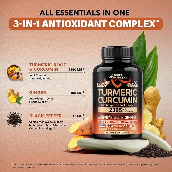 Turmeric Curcumin Supplement 2365 mg - Turmeric with Ginger & Black Pepper - Highly Bioavailable & Extra Strength 95% Curcuminoids - Antioxidant, Immunity & Joint Support - Made in USA - 120 Capsules
