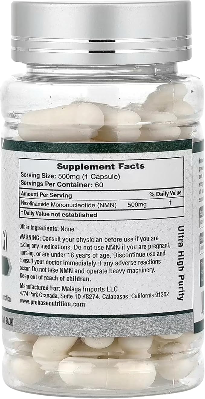 Probase Nutrition Longevity Pure NMN Capsules 60 Count (500mg Each) - Ultra-Pure, Fully Stabilized, Pharmaceutical Grade NMN to Boost NAD+, Nicotinamide Mononucleotide Capsules (Packaging May Vary)