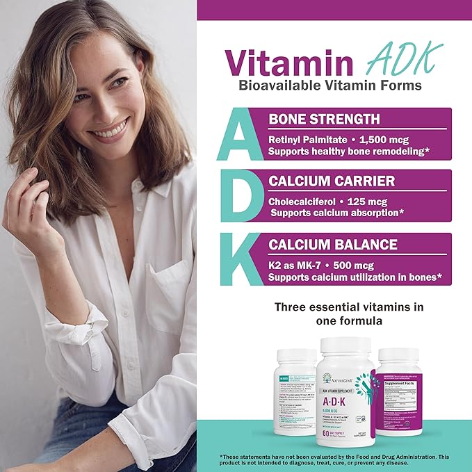 ADK Vitamin Supplement – Vitamins A, D3 & K2 MK-7 for Bone Health & Calcium Absorption – Gluten-Free, Non-GMO, Soy-Free – 60 Capsules (2-Month Supply)