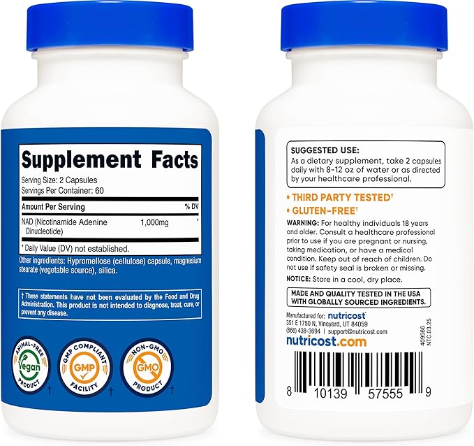 Nutricost NAD+ Supplement 1,000mg per Serving,120 Capsules (Nicotinamide Adenine Dinucleotide) - 60 Servings, Gluten-Free, Vegan (Pack of 2)