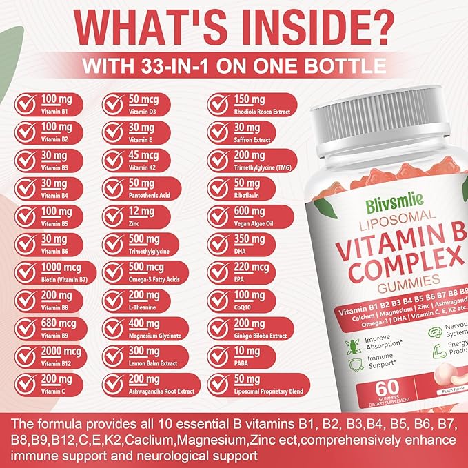 33-IN-1 Liposomal Overall 3500mg + Vitamin B Complex Gummies -B1, B2, B3, B4, B5, B6, B7, B8, B9,B12 | Vitamin C, D3,K2 | Coq10 Omega 3 etc for Energy, Brain,Immune,Skin Support &Heart Support ﻿
