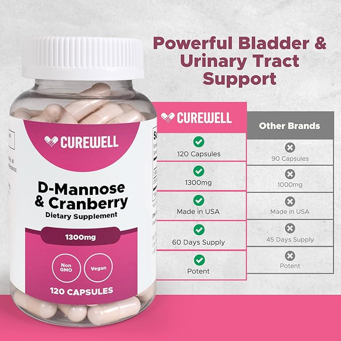 D-Mannose & Cranberry 1300mg (120 Capsules) | Vegan & Non-GMO Urinary Tract Health Supplement | UTI Defense & Bladder Support | Natural Urinary Cleanse & Immune Support | Pack of 2