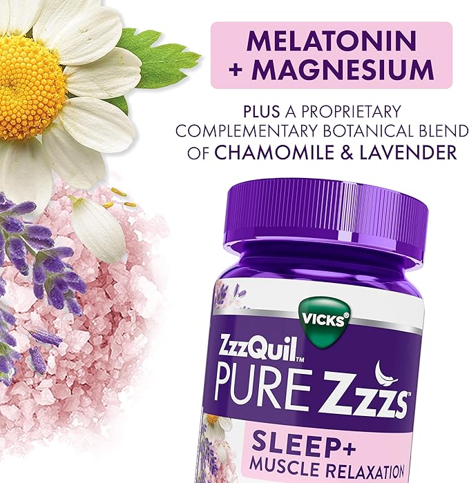 ZzzQuil Pure Zzzs Muscle Relaxation Melatonin Sleep Aid Gummies,Supports Muscle Function,Helps You Fall Asleep Naturally,Fast,Melatonin + Magnesium,No Next-Day Grogginess,Drug-Free,60ct,(Pack of 2)