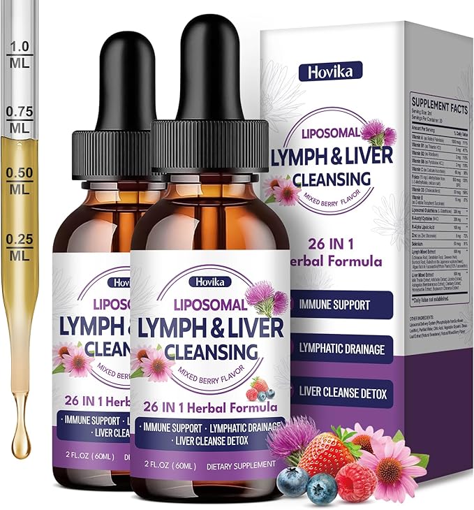 Liposomal Lymphatic Drainage Drops, 26 in 1 Liver Cleanse Detox & Repair with Milk Thistle, Echinacea, Glutathione, Vitamins, Lymph-Liver Cleanse, Gut & Metabolic Health - Mixed Berry Flavor 4 Fl Oz