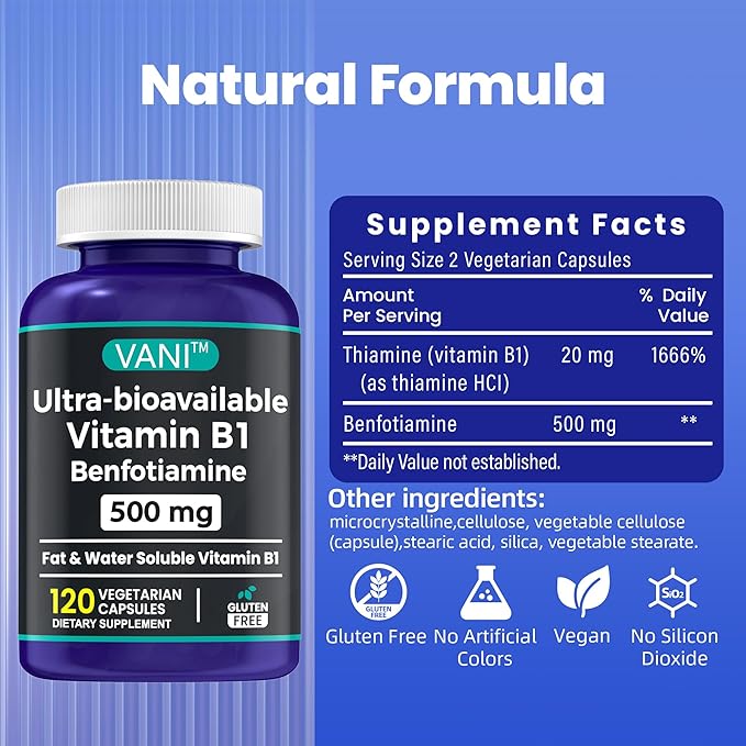 VANI 500MG Benfotiamine with B1, 5X Time Fat & Water Soluble Thiamine B1 Supplement – Third Party Tested, No Gluten (120 Capsules)