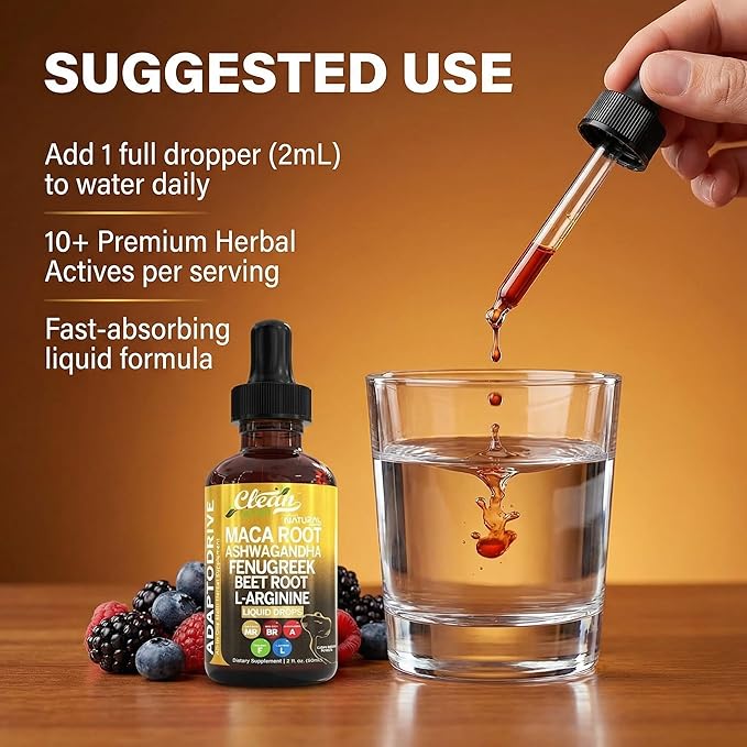 Clean Nutra Organic Maca Root Liquid Drops with Ashwagandha, Fenugreek, Beet Root and L-Arginine Liquid Multivitamin for Women and Men - Adapto Drive