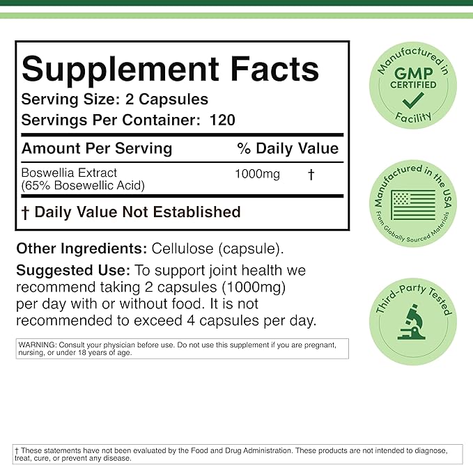 Boswellia Serrata - 240 Capsules (Max Strength 1,000mg of 65% Boswellic Acid Extract) Boswellia Extract Capsules (Joint Support Supplement for Joint Health) Third Party Tested by Double Wood