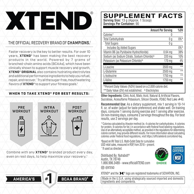 Xtend Original BCAA Powder, 7g BCAAs and 2.5g L-Glutamine for Muscle Recovery Hydration and Lean Muscle, Sugar Free Intra and Post Workout Drink with Electrolytes, Strawberry Kiwi Splash, 90 Servings